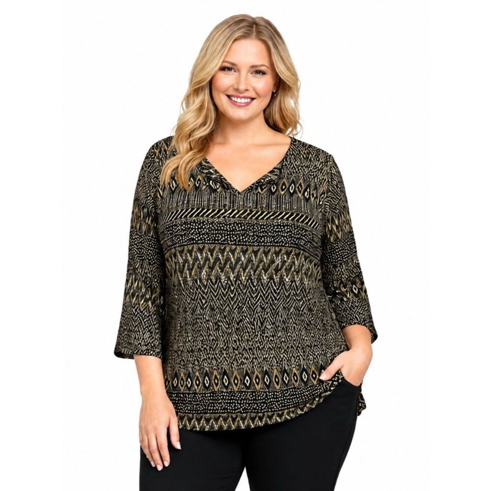 Chico’s Knit Gold Metallic Tunic Top Size 2  (12) Large